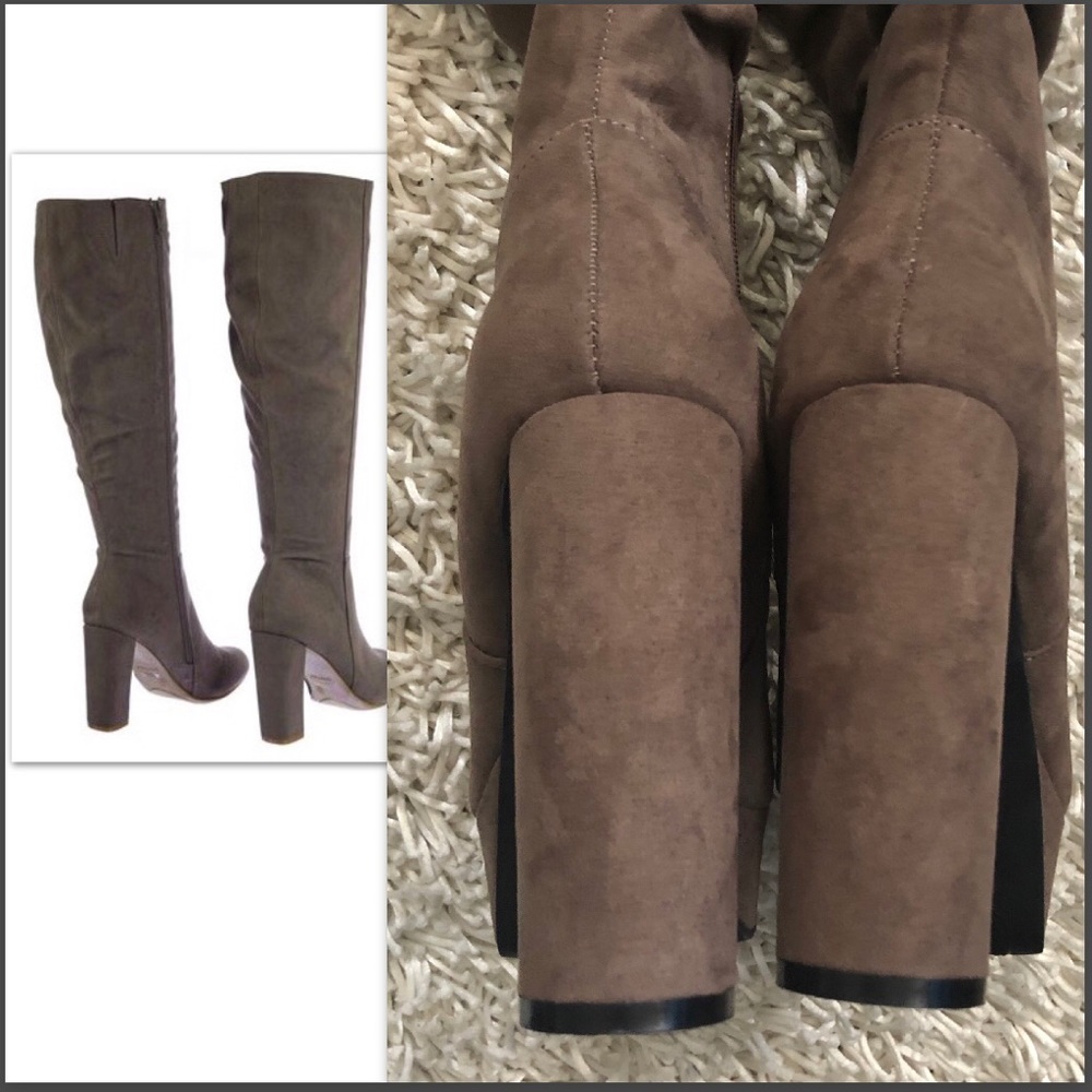 TAUPE SUEDE KNEE HIGH FUR BOOT - Picture 5 of 6
